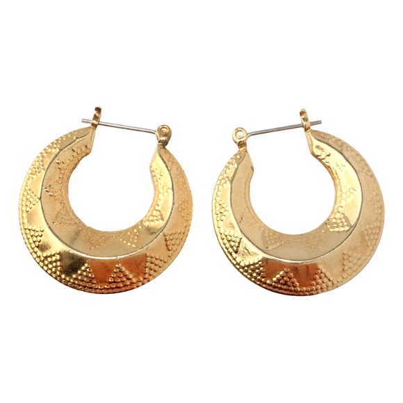 Vintage Granulated Hoop Earrings Gold Tone Boat Shape Hoops Etruscan Roman Style - Picture 1 of 3